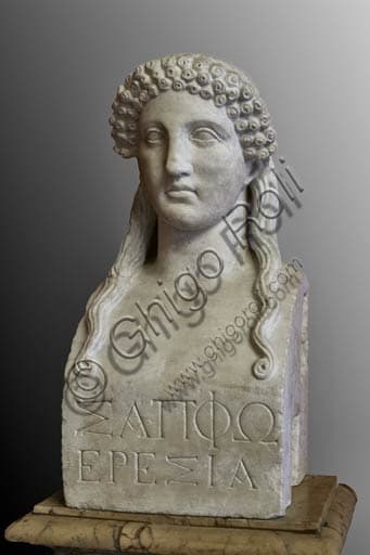 Sculptural bust of Sappho, Greek poetess, housed in the Capitoline Museums, Rome