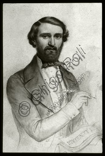 Disegno a matita e carboncino di Giuseppe Verdi nel periodo dell'opera Nabucco, realizzato da G. Turchi