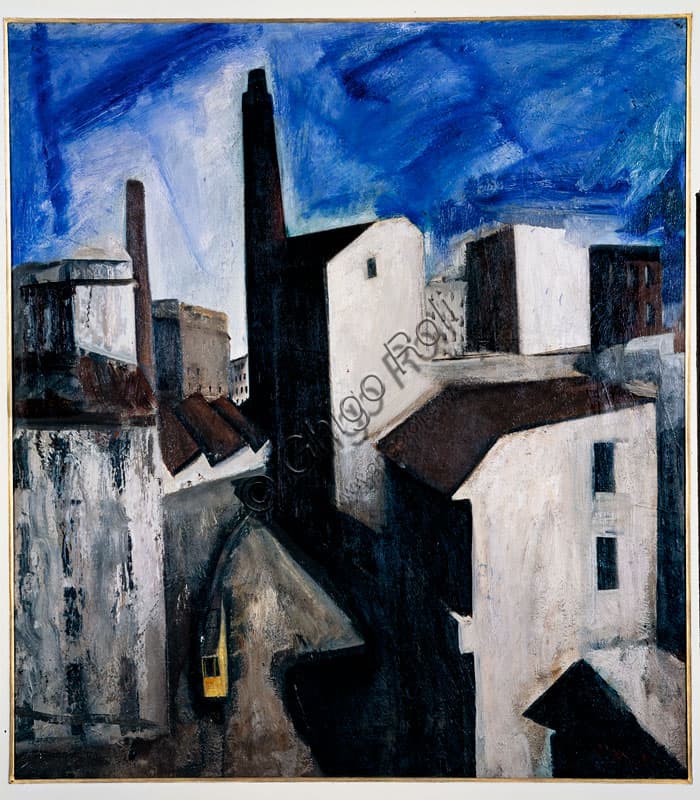 Dipinto Paesaggio urbano di Mario Sironi, olio su tela del 1921, esponente del Novecento Italiano