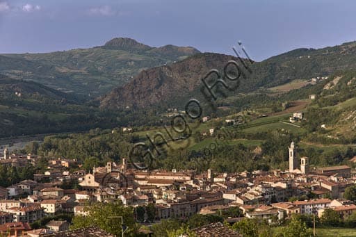 Panoramic view of the historic village of Bobbio nestled in the Trebbia Valley