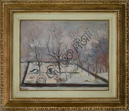 Painting 'Snowfall' by Achille Funi, oil on canvas 32x40 cm, modern Italian art