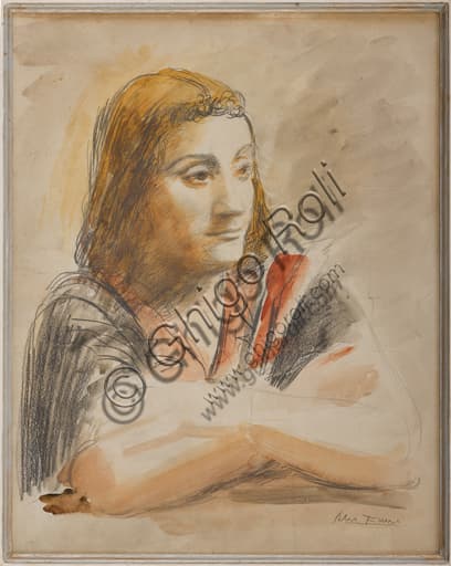 Ritratto a tecnica mista su carta di Achille Funi, Collezione Assicoop - Unipol, dettaglio pittorico