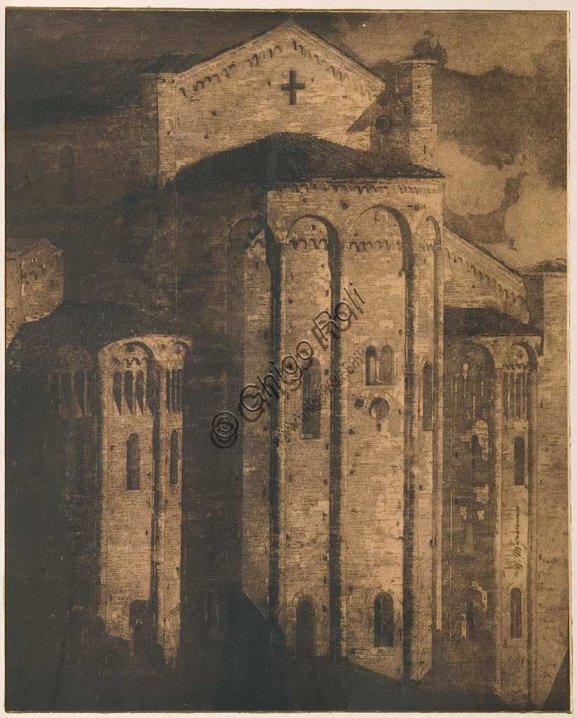 Etching and aquatint Apses of the Nonantola Abbey by Ubaldo Magnavacca, 1918-1920