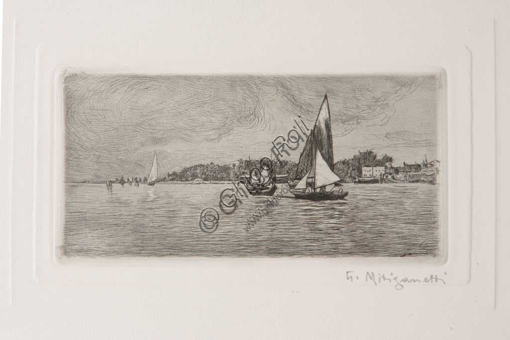 Acquaforte Barche in Laguna di Giuseppe Miti Zanetti, arte italiana Collezione Assicoop Unipol
