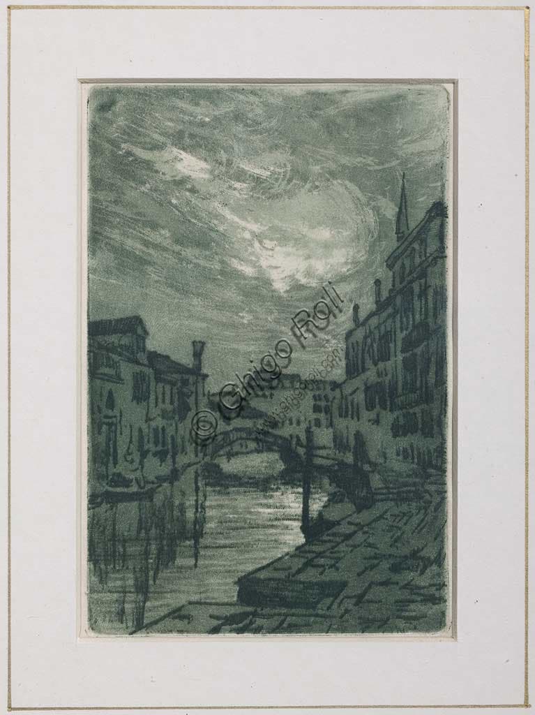 Etching A Canal in Venice by Giuseppe Miti Zanetti, white paper print of a Venetian waterway with architecture