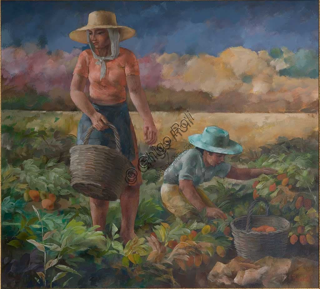 Painting 'Tomatoes Harvest', oil on canvas by Adriano Boccaletti, Assicoop-Unipol Collection