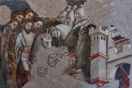 Camera Pinta Painted Room Rocca Albornoz Spoleto: detail of knights and tower in courtly-chivalric frescoes from 1392-1416