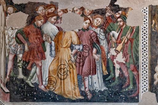 Detail of the Painted Room frescoes Rocca Albornoz Spoleto: courtly dance scene with musicians, inspired by Boccaccio's Teseida (1392-1416)