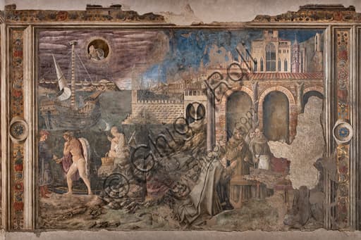 Dettaglio affreschi Cappella dei Priori Perugia con veduta città Quattrocento