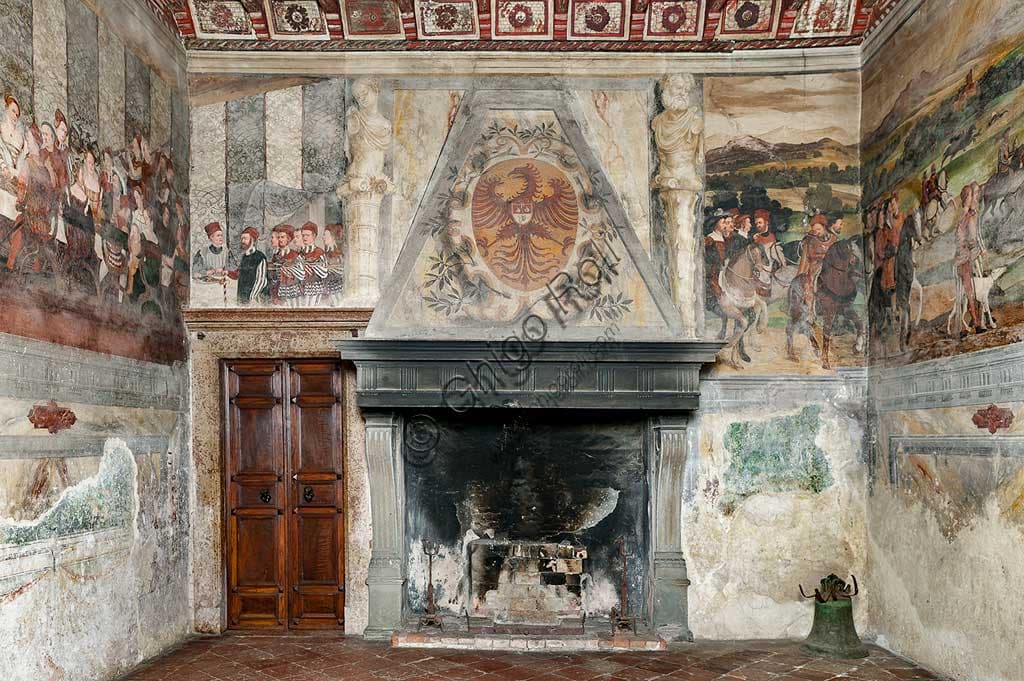 Detail of the fireplace in the frescoes of the Danish visit at Malpaga Castle, Bergamo