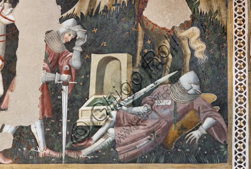 Detail of chivalric fresco with horse and knights, Painted Room, Rocca Albornoz fortress, Spoleto