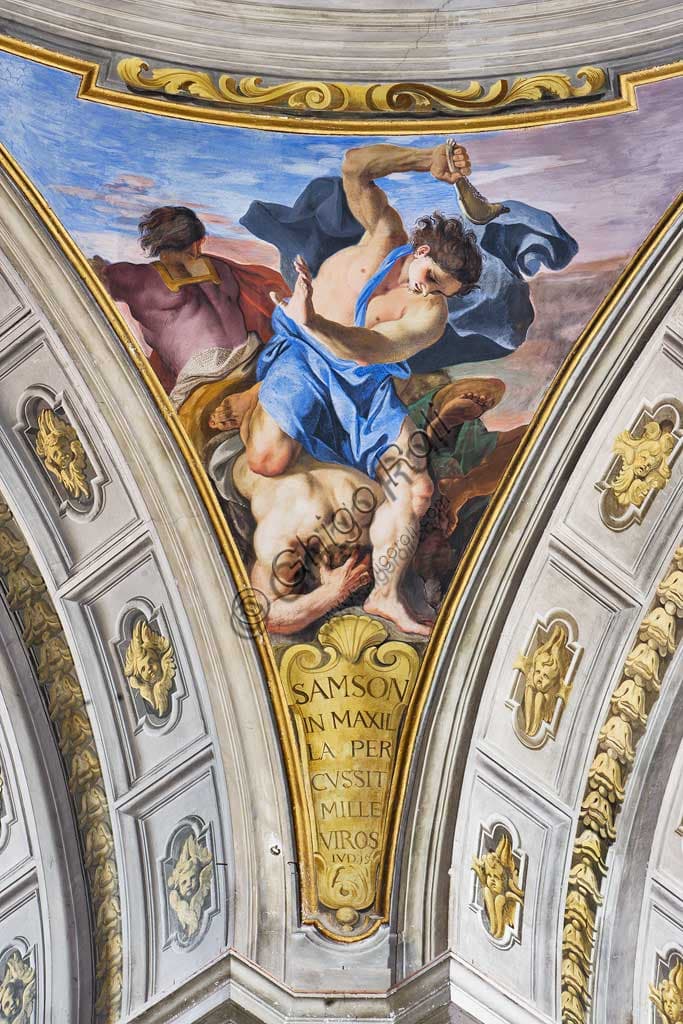 Fresco by Andrea Pozzo 1685: Samson with jawbone of a donkey against Philistines, pendentive detail false dome Sant'Ignazio Church Rome