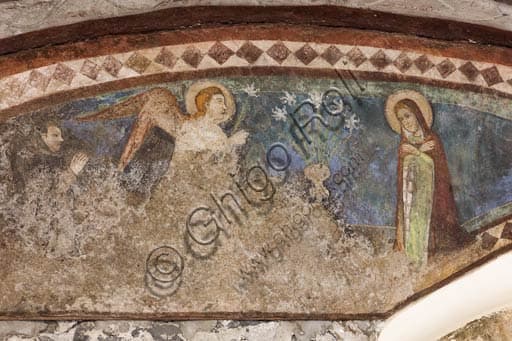 Fresco of the Annunciation (1393 AD) in the Collegiata church, Bormio, Italy
