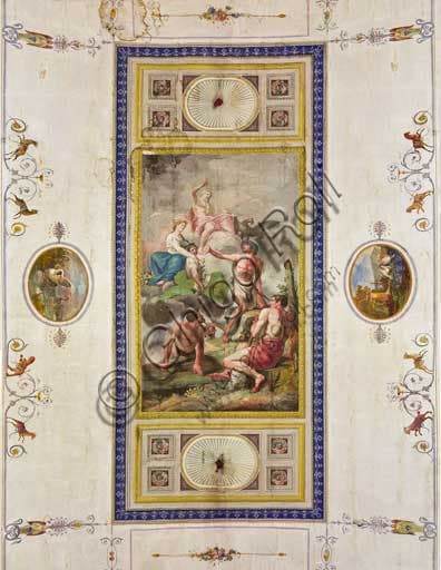 Ceiling fresco depicting Apotheosis of work, agriculture, arts and sciences by Benedetto Codardi, Red Room Palazzo dei Normanni Palermo