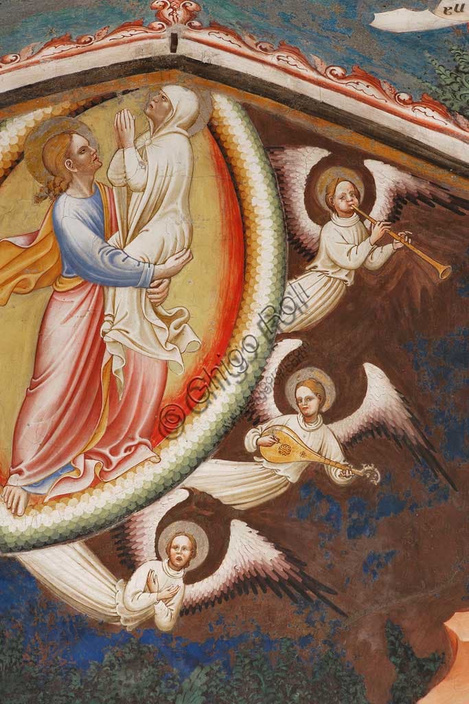 Detail of the Assumption of the Virgin fresco in Vignola: Christ carries Mary, angels playing musical instruments, Master of Vignola 1420