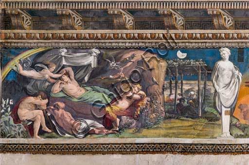 Detail of Peruzzi fresco: Iris visiting the House of Sleep asking Hypnos to send Orpheus, Hall of Perspectives, Villa Farnesina Rome