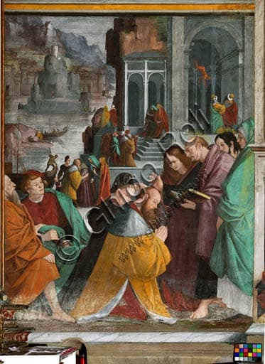 Affresco rinascimentale Il Battesimo dei principi di Marsiglia a Roma di Gaudenzio Ferrari, Chiesa di San Cristoforo Vercelli