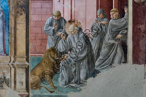 Particolare dell'affresco di Benozzo Gozzoli a Montefalco: San Girolamo cura la zampa del leone