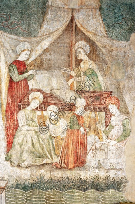 Dettaglio affresco rinascimentale Bicocca degli Arcimboldi Milano: taglio dei tessuti con nano, ciclo pittorico del '400