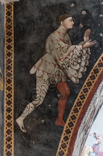 Painted Room Spoleto fresco detail: male figure playing ball, chivalric cycle Teseida