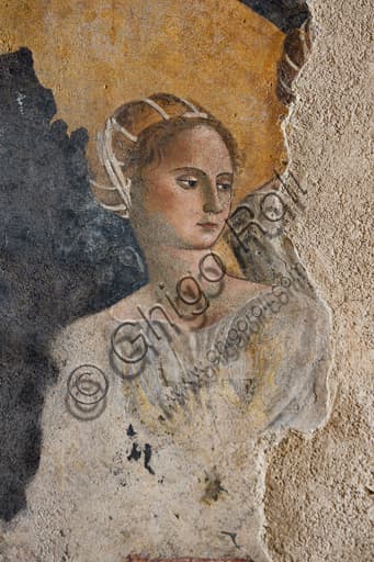 Detail fresco Painted Room Spoleto, lady Bathing Fountain, Rocca Albornoz stronghold, chivalric painting Boccaccio Teseida