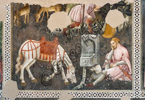 Chivalric fresco detail with knight and horse, from the cycle based on Boccaccio's Teseida, Painted Room, Rocca Albornoz fortress in Spoleto