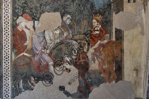 Detail fresco knight and king, Painted Room, Rocca Albornoz Spoleto, courtly painting 1400s