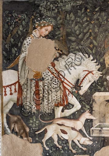 Fresco detail Painted Room Spoleto: courtly lady riding a horse with dogs, 15th century art