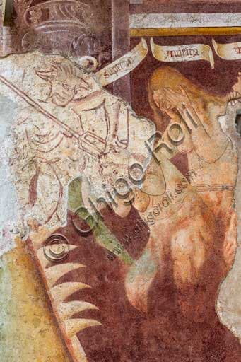 Detail of the Dance of Death fresco in Clusone: devil tormenting damned souls for sins of pride and avarice, by Giacomo Borlone De Buschis (1485).