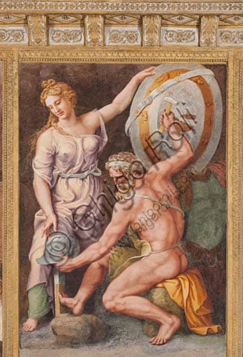 Fresco of Hephaestus forging Achilles' weapons, Chamber of Troy, Ducal Palace Mantua, Giulio Romano