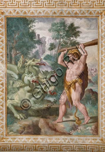 Detail fresco Hercules fighting Lernaean Hydra club - Rocca Sanvitale Sala Baganza