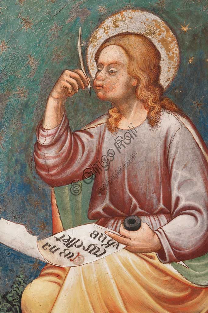 Detail of the St Matthew the Evangelist fresco, Master of Vignola, Vignola Stronghold, Contrari Chapel (c. 1420)
