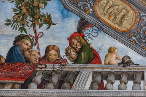 Detail of Garofalo fresco Palazzo Costabili Ferrara: child, monkey, vine shoots, young man with vermilion mantle