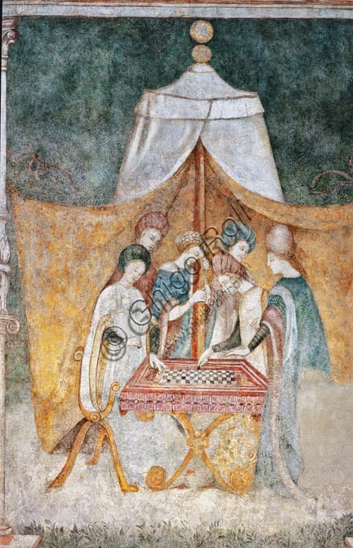 Dettaglio affresco rinascimentale con gioco della dama, Bicocca degli Arcimboldi Milano