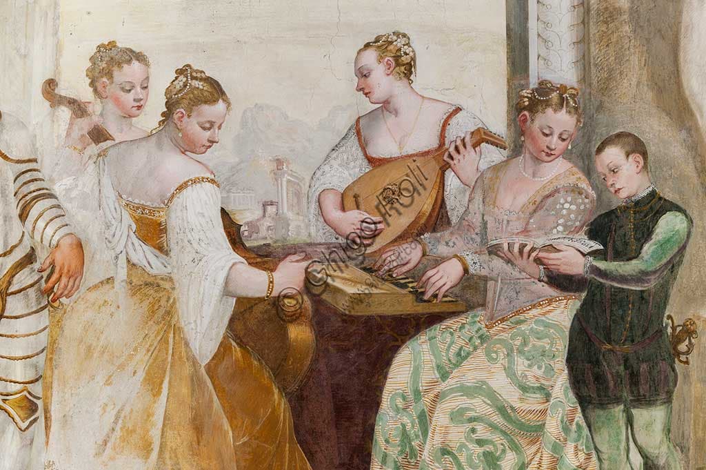 Detail fresco 'The Concert' by Fasolo Villa Caldogno: court ladies and boy