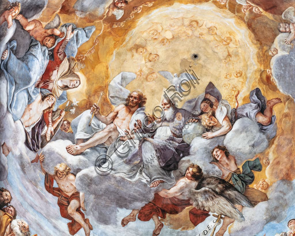 Affresco Il Paradiso di Mattia Preti - particolare con angeli e santi nella cupola della Chiesa del Carmine, Modena