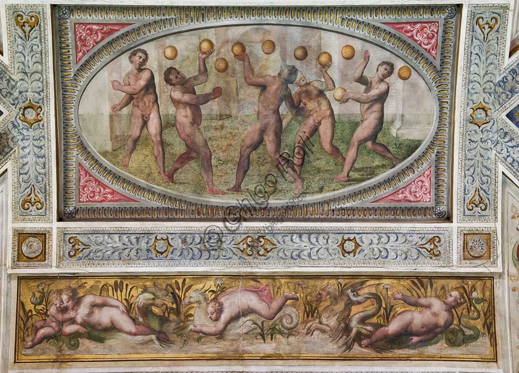 Detail fresco The Trigonale (ball games) ceiling Hall of Games, Estense Castle Ferrara, design Pirro Ligorio