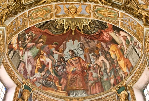 Fresco of Saint Lawrence pointing to the poor and sick, apse of the presbytery in Genoa's St. Lawrence Cathedral, painted by Lazzaro Tavarone.