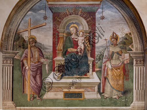 Fresco Madonna enthroned with Child between St. Andrew and St. Bonaventure, Tiberio d'Assisi 1510, Montefalco