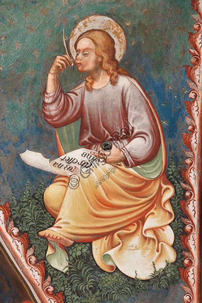 Fresco of St Matthew the Evangelist, detail of the writing 'Cum natus esset Yhesus', Master of Vignola, Contrari Chapel, Vignola Stronghold