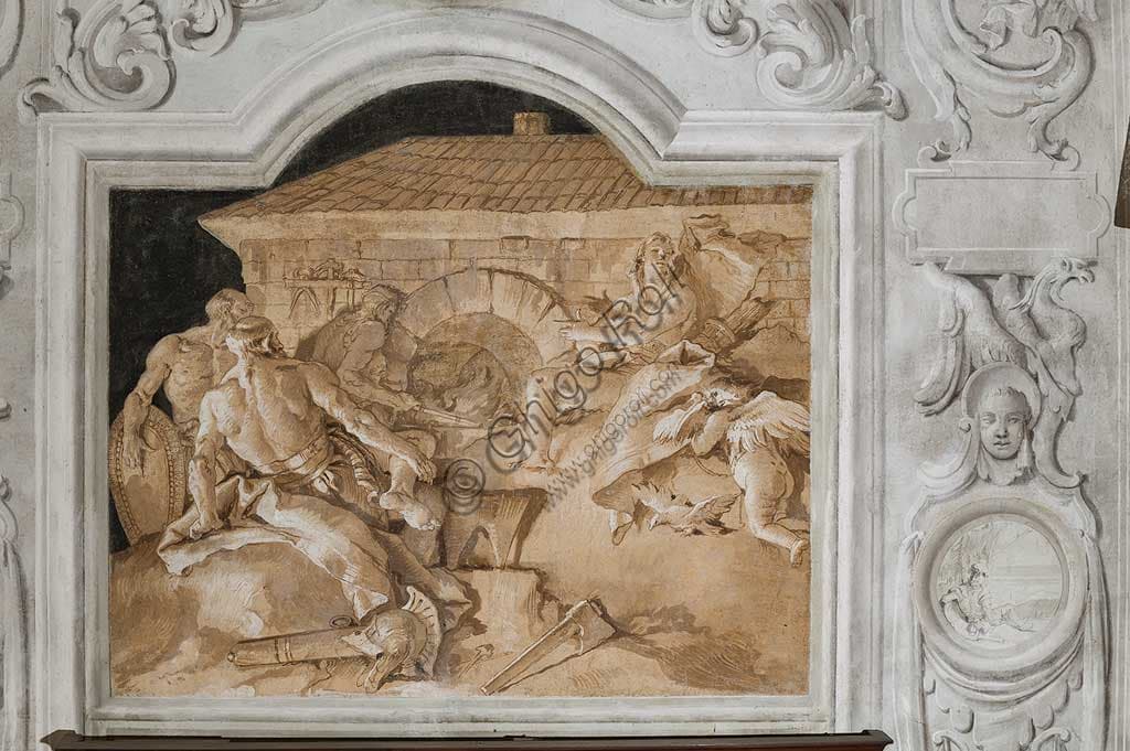 Monochrome fresco of Vulcan in the forge, Giandomenico Tiepolo, Villa Valmarana ai Nani Vicenza