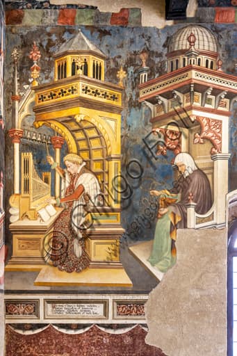 Fresco detail: personification of Music on the left and Dialectic on the right, Hall of Liberal Arts, Trinci Palace, Foligno.