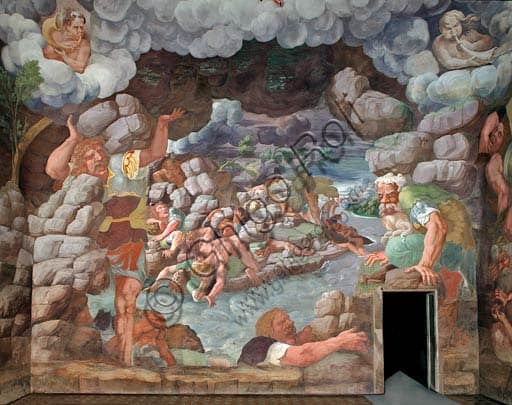 Fresco of the Chamber of the Giants, West wall, Palazzo Te Mantua, by Giulio Romano 1526-1528