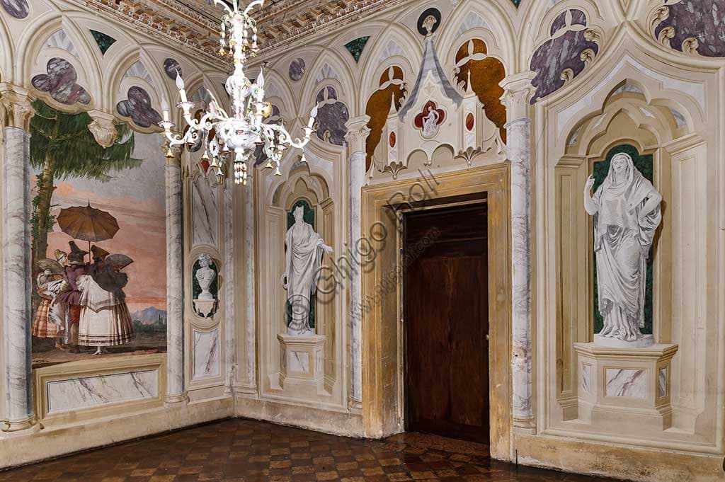 Fresco A Summer Walk by Giandomenico Tiepolo, 1757, Villa Valmarana ai Nani Vicenza, false gothic architecture detail