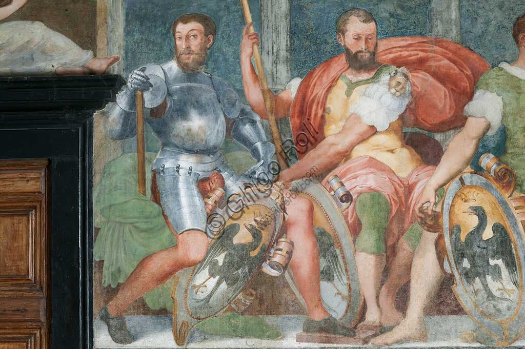 Detail fresco noblemen armor shield Loggia Heroes Villa del Principe Genoa, Perin del Vaga