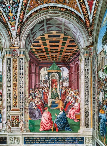 Detail of Pinturicchio's fresco showing Aeneas Sylvius Piccolomini and Pope Eugenius IV, Siena Cathedral