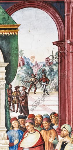 Pinturicchio fresco detail - Aeneas Sylvius Piccolomini submits to Pope Eugenius IV, with onlookers and halberdiers, Piccolomini Library, Siena Cathedral