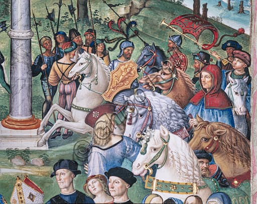 Dettaglio affresco Pinturicchio cavalieri uomini armati e cavalli nella Libreria Piccolomini Duomo di Siena