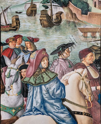 Detail of Pinturicchio's fresco with the portrait of young Aeneas Silvius Piccolomini, future Pope Pius II, on a white horse in travel attire, in Siena Cathedral