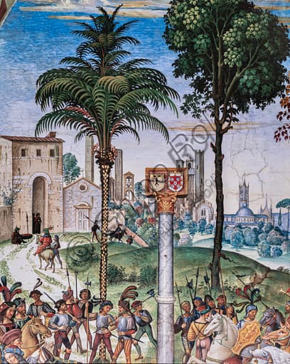 Affresco di Pinturicchio con uomini armati in primo piano, colonna commemorativa con stemmi e veduta di Siena con il Duomo